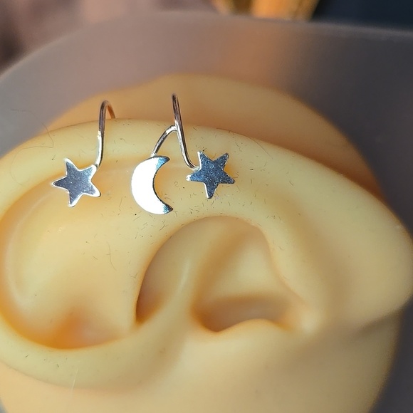 Sterling Silver Cuff Star and Moon Earrings - Picture 1 of 4